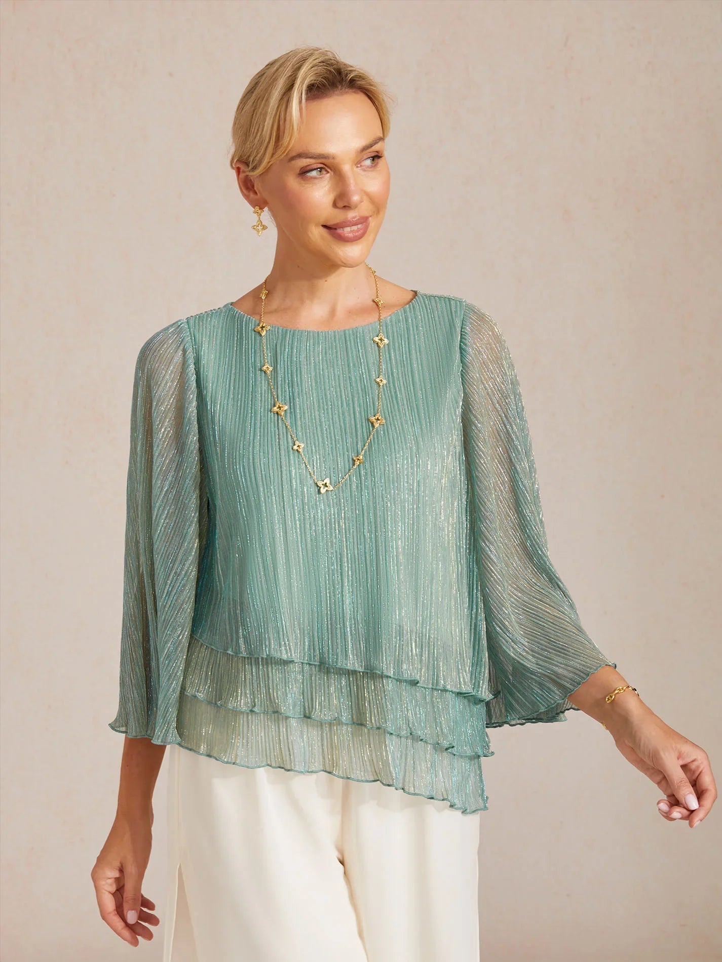 Metallic Pleated Chiffon Asymmetrical Layered Blouse