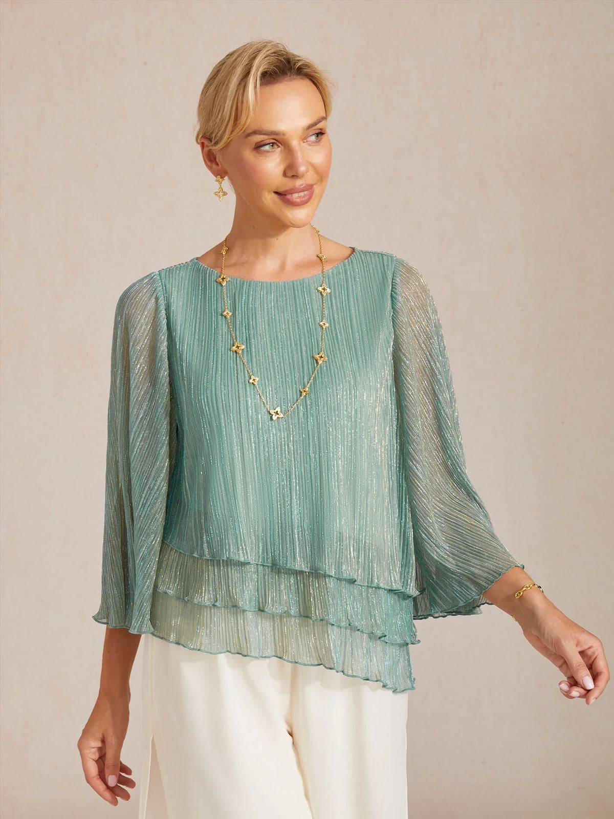 Metallic Pleated Chiffon Asymmetrical Layered Blouse