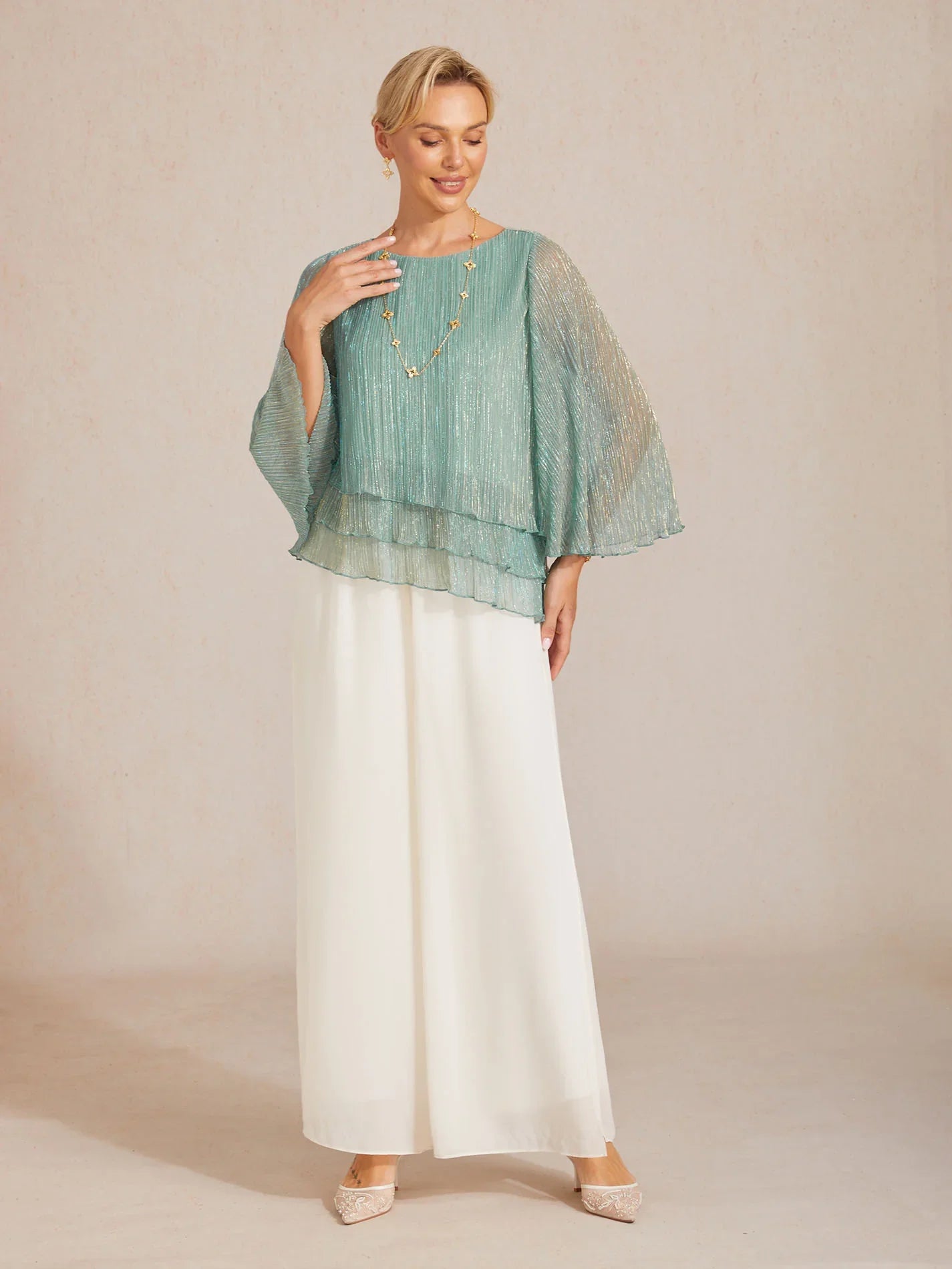 Metallic Pleated Chiffon Asymmetrical Layered Blouse