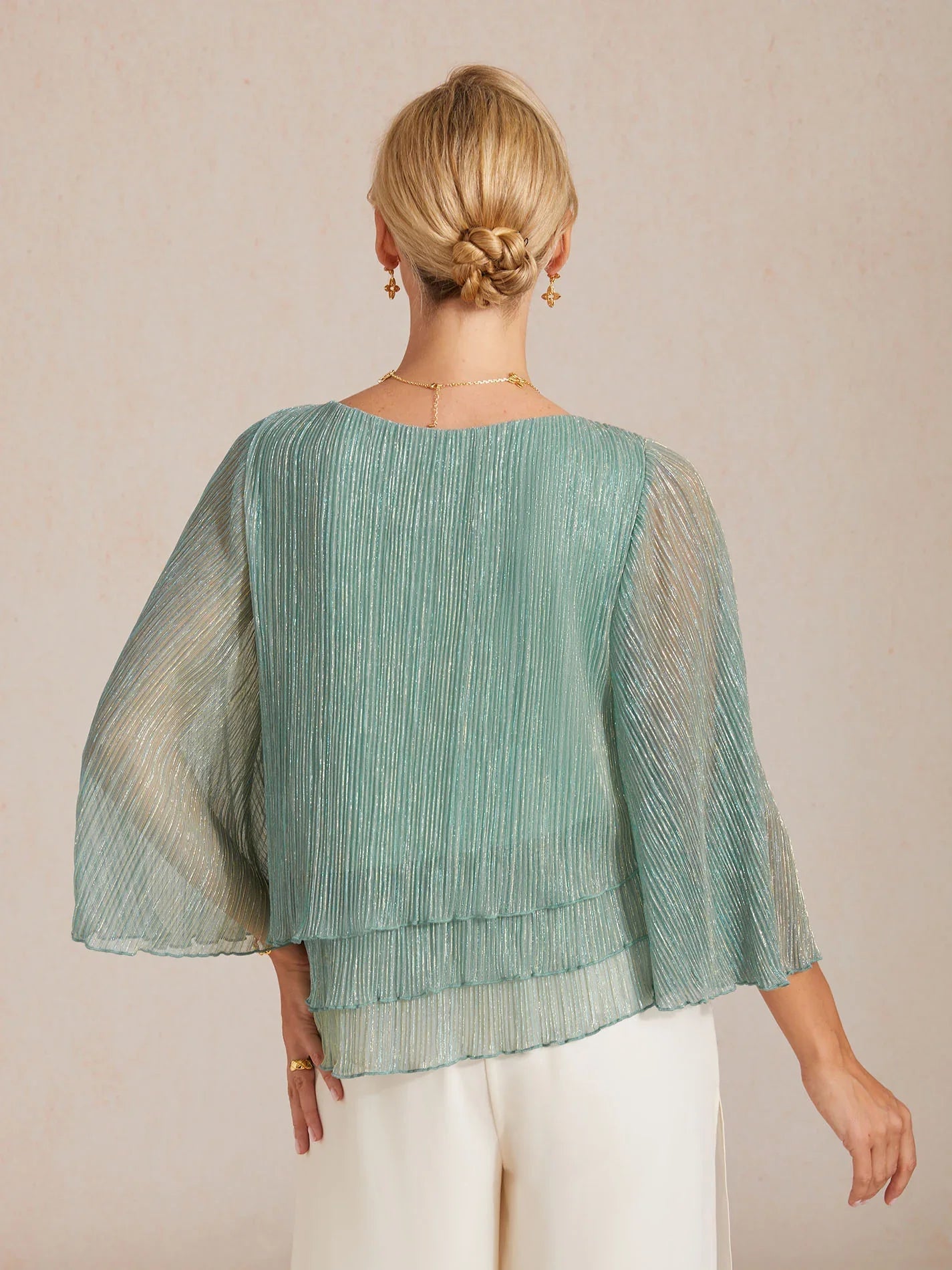 Metallic Pleated Chiffon Asymmetrical Layered Blouse