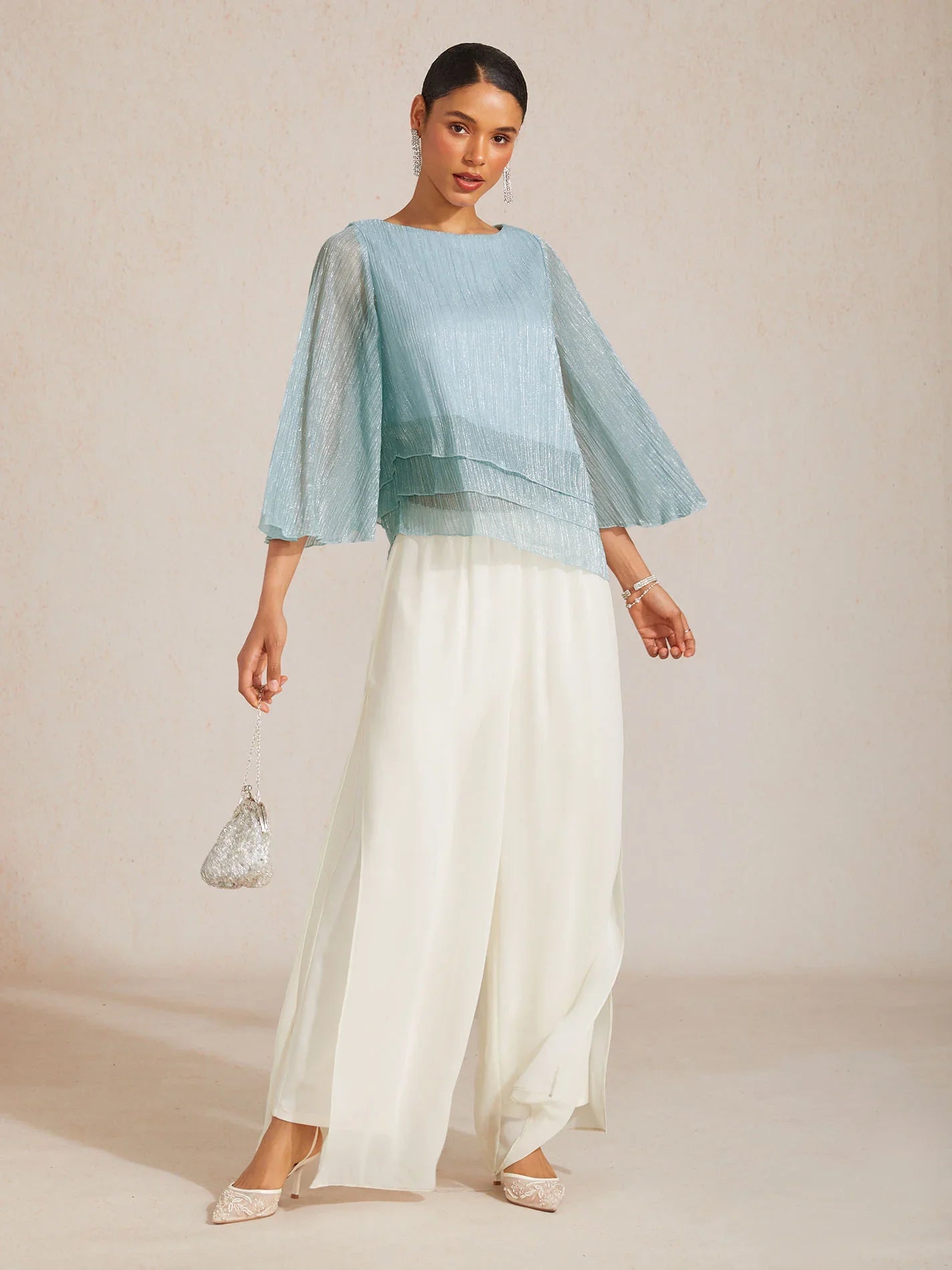 Metallic Pleated Chiffon Asymmetrical Layered Blouse