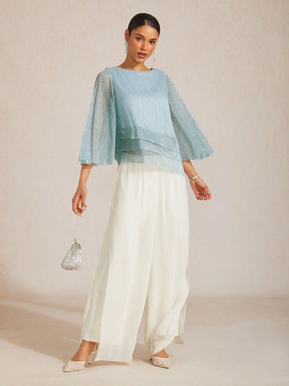 Metallic Pleated Chiffon Asymmetrical Layered Blouse
