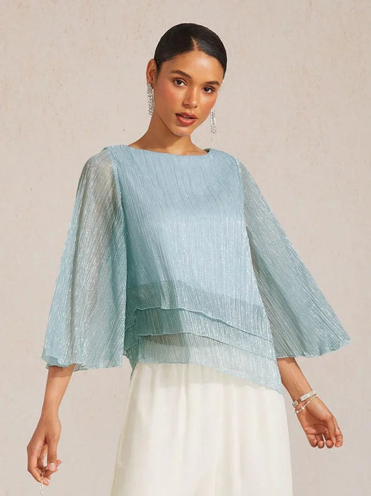 Metallic Pleated Chiffon Asymmetrical Layered Blouse