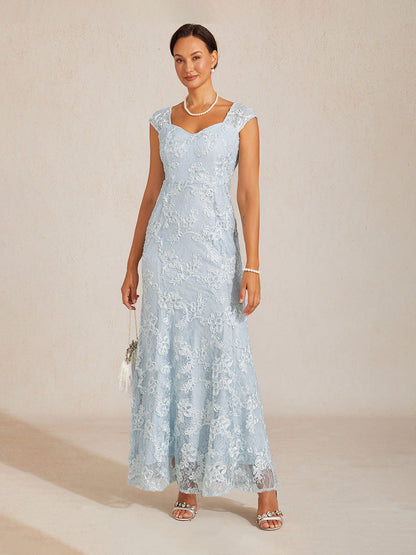 Rosette Lace Cap Sleeve V-neck Mermaid Gown
