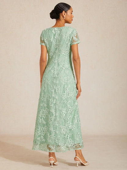 Rosette Lace A-Line Gown with Sequin Embellishment