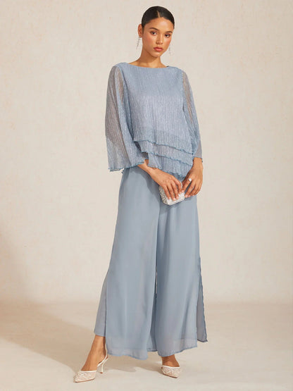 Metallic Pleated Chiffon Asymmetrical Layered Blouse