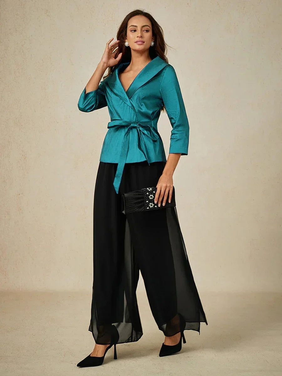 3/4 Sleeve Stretch Taffeta Blouse with Tie Waist Detail