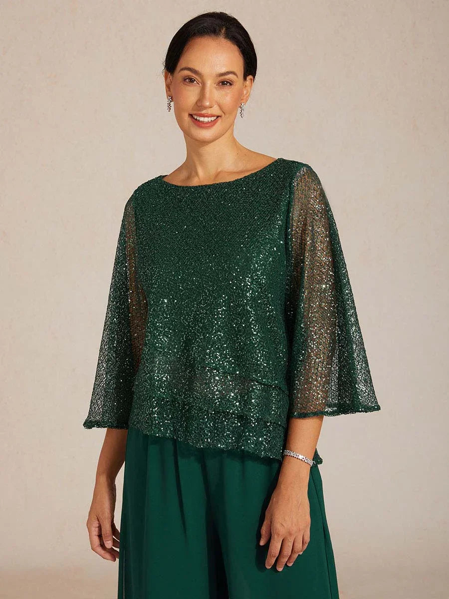 Bell Sleeves Mesh Sequin Layered Top
