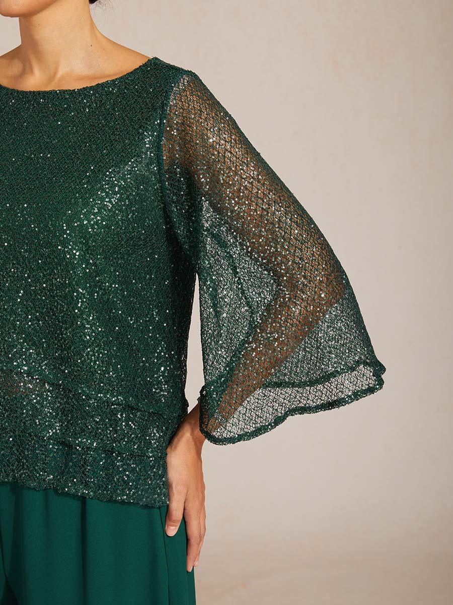 Bell Sleeves Mesh Sequin Layered Top