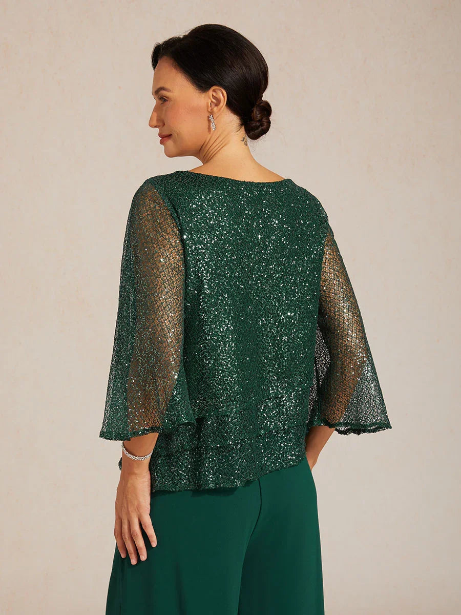 Bell Sleeves Mesh Sequin Layered Top