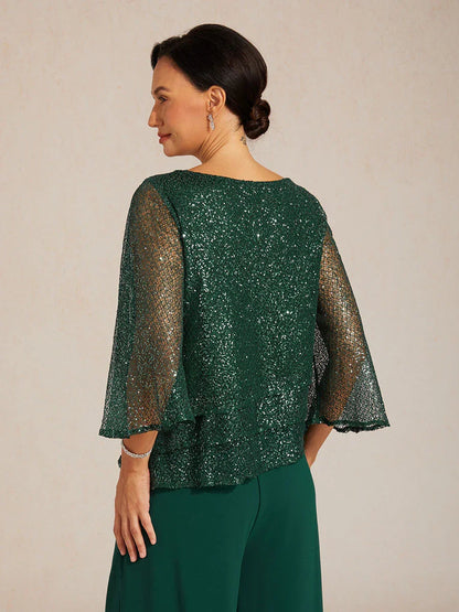 Bell Sleeves Mesh Sequin Layered Top