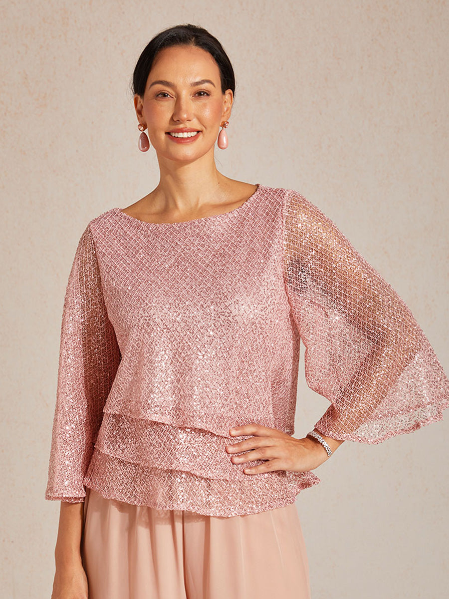Bell Sleeves Mesh Sequin Layered Top