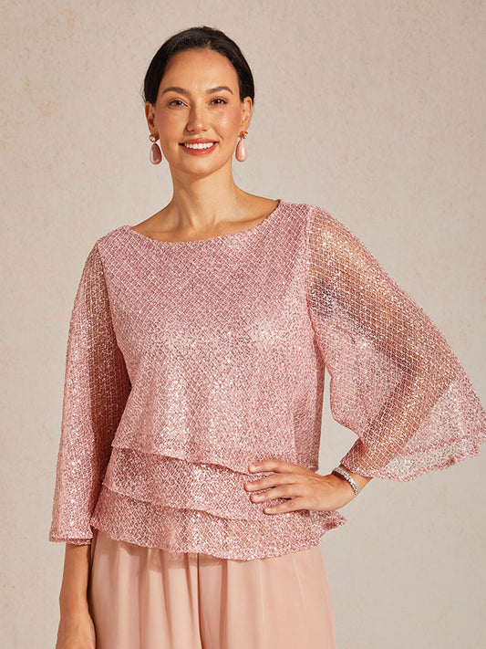 Bell Sleeves Mesh Sequin Layered Top