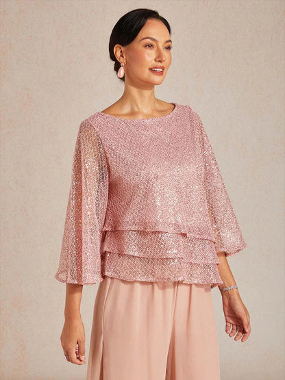 Bell Sleeves Mesh Sequin Layered Top