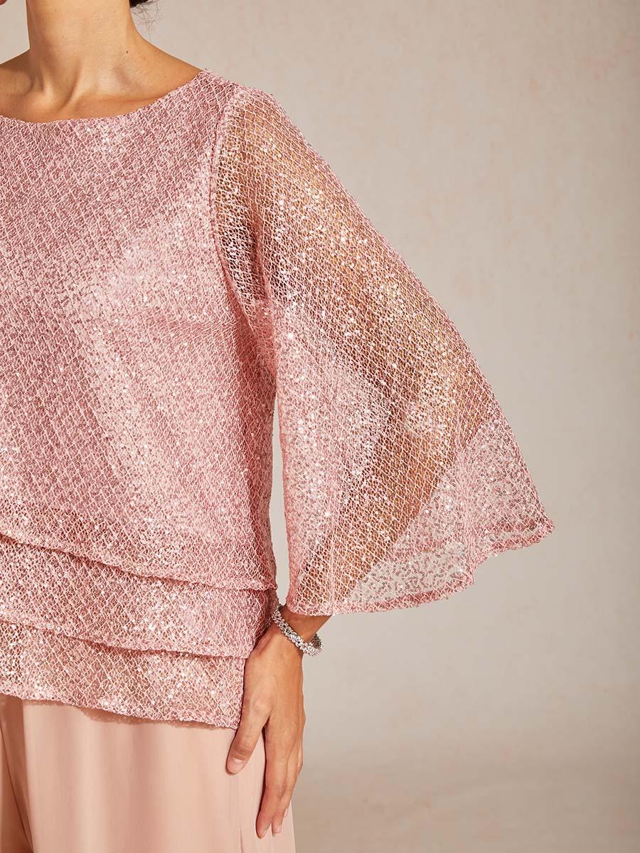 Bell Sleeves Mesh Sequin Layered Top