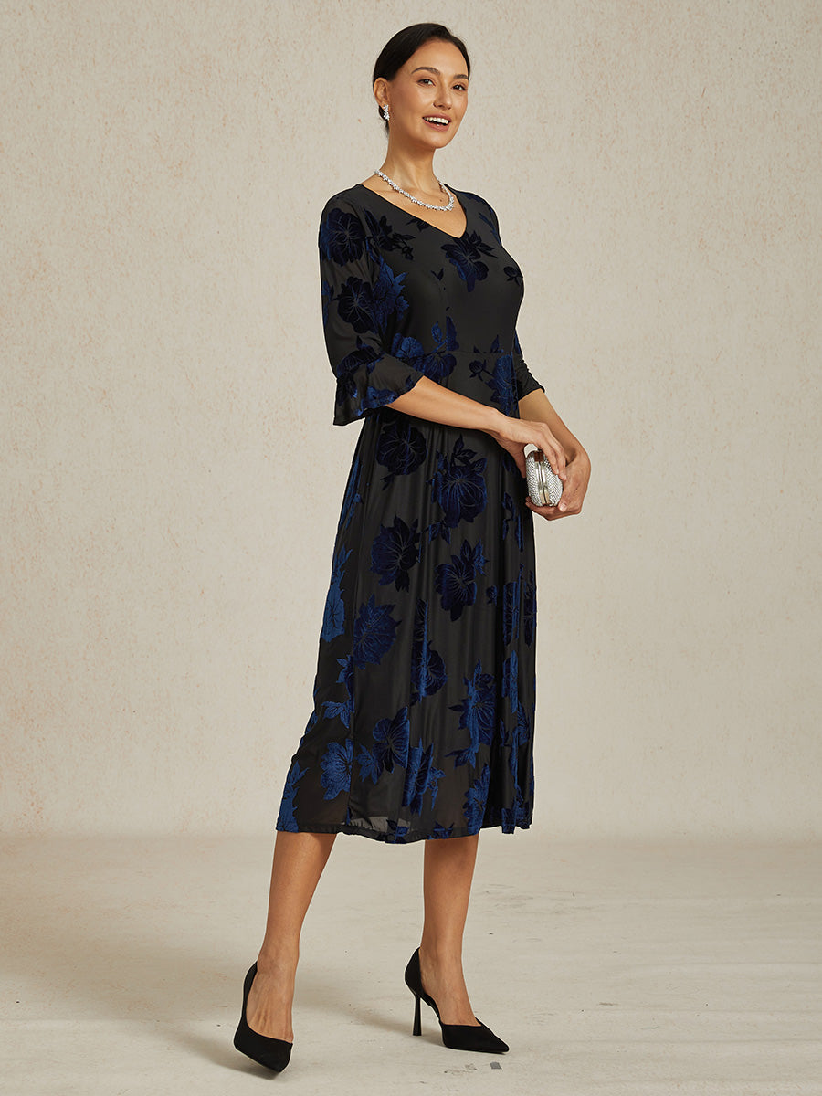 Floral Velvet A-Line Dress with Flutter Sleeves