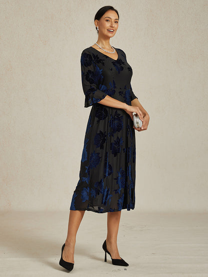 Floral Velvet A-Line Dress with Flutter Sleeves