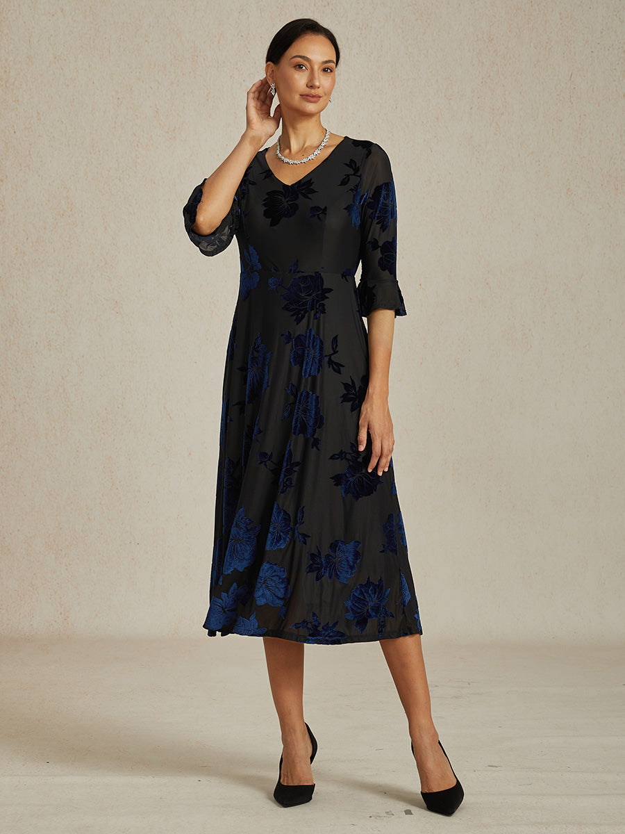 Floral Velvet A-Line Dress with Flutter Sleeves