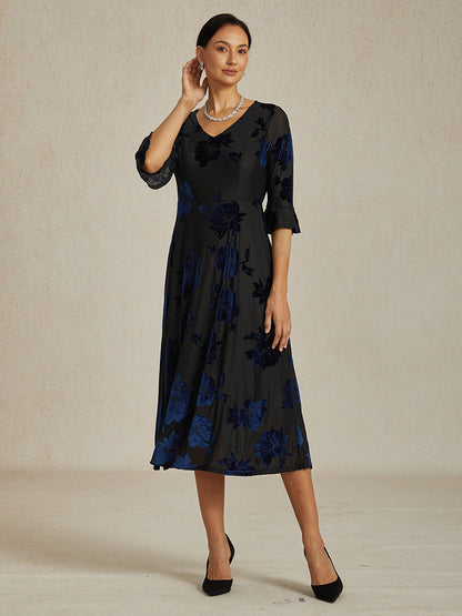 Floral Velvet A-Line Dress with Flutter Sleeves