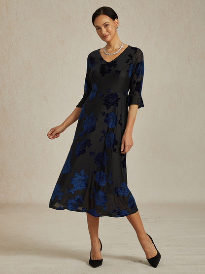 Floral Velvet A-Line Dress with Flutter Sleeves