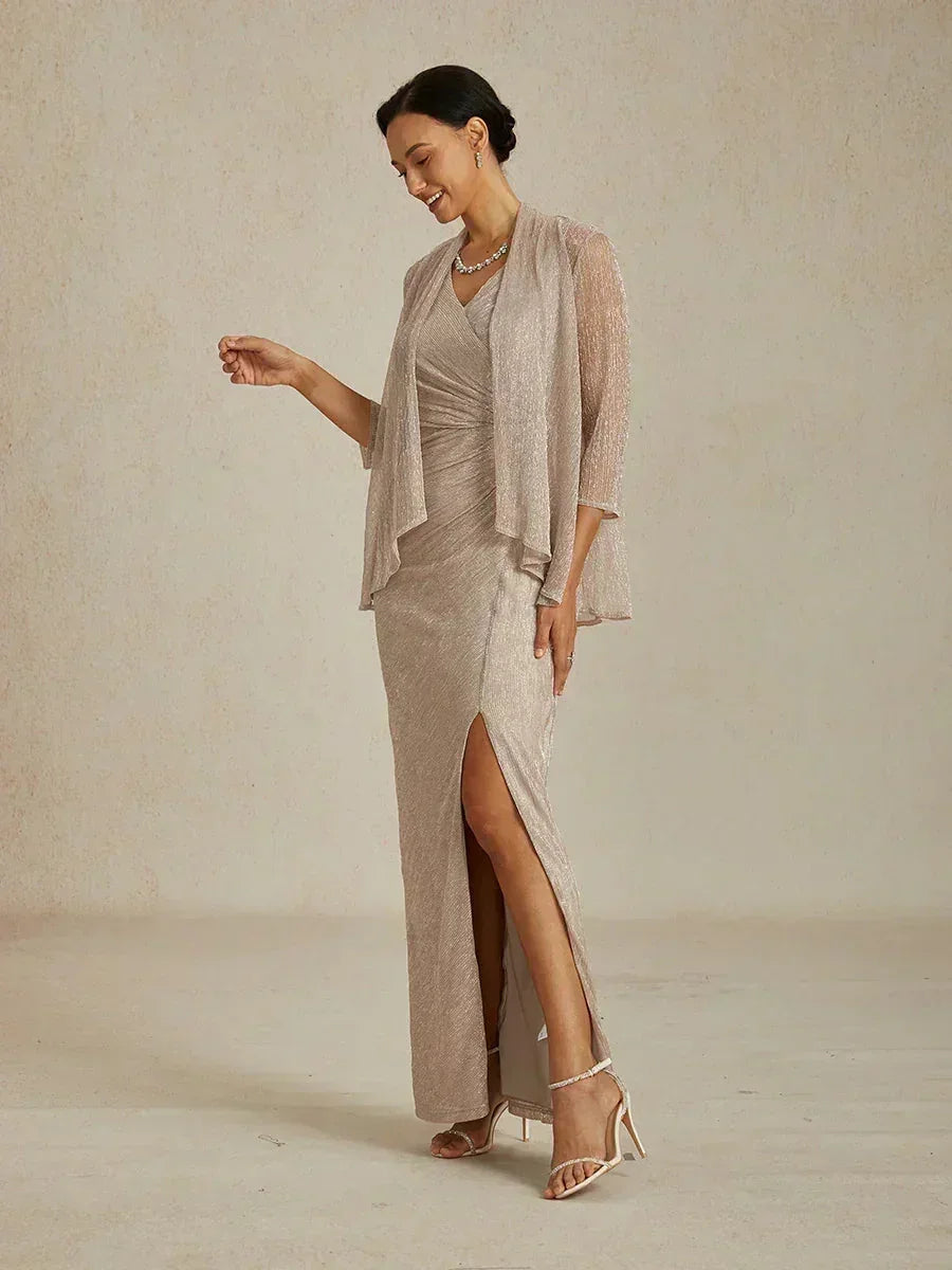 Metallic-plissierte lange Chiffonjacke mit Lagen-Design