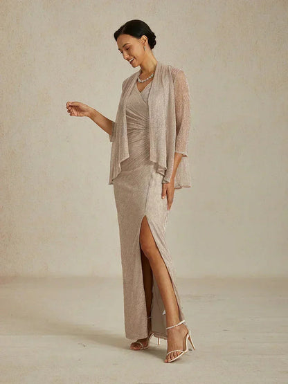 Metallic-plissierte lange Chiffonjacke mit Lagen-Design