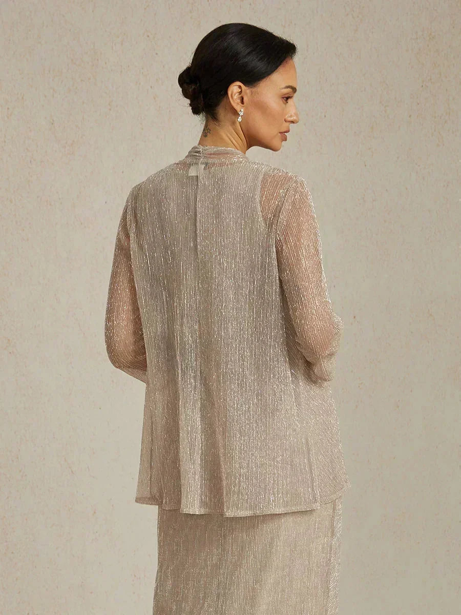Metallic-plissierte lange Chiffonjacke mit Lagen-Design