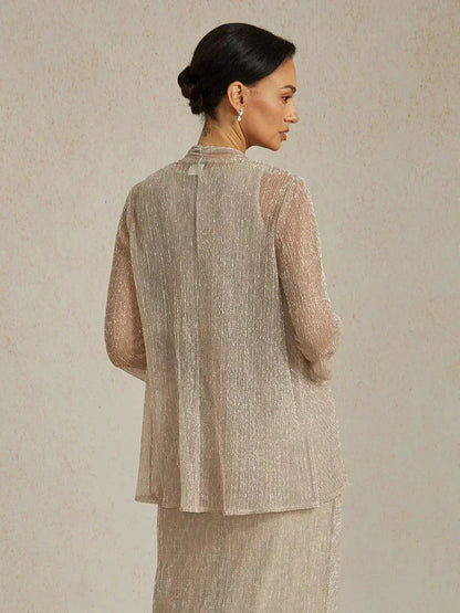 Metallic-plissierte lange Chiffonjacke mit Lagen-Design
