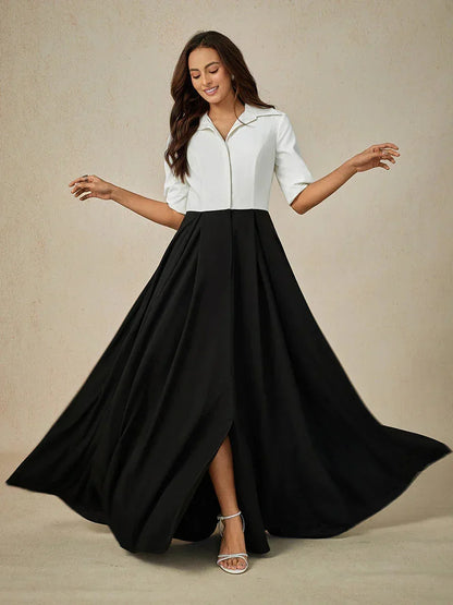 Formal Black & White Stretch Taffeta Maxi Dress