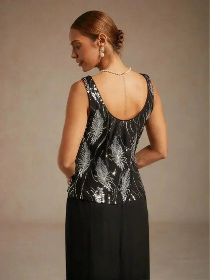 Elegant Mandarin Collar Sequin Twinset