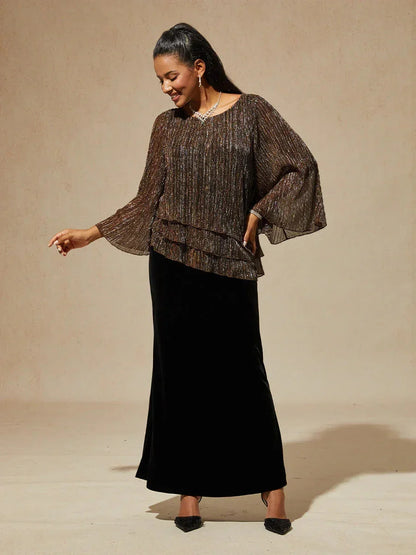 Asymmetrische Lagenbluse aus metallisch schimmerndem, plissiertem Chiffon