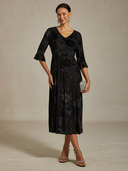 Floral Velvet A-Line Dress with Flutter Sleeves
