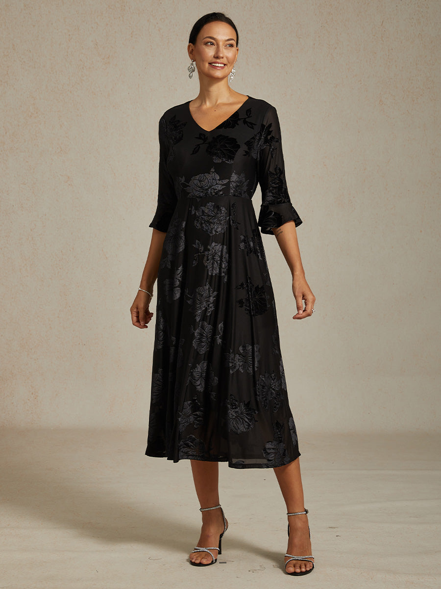 Floral Velvet A-Line Dress with Flutter Sleeves
