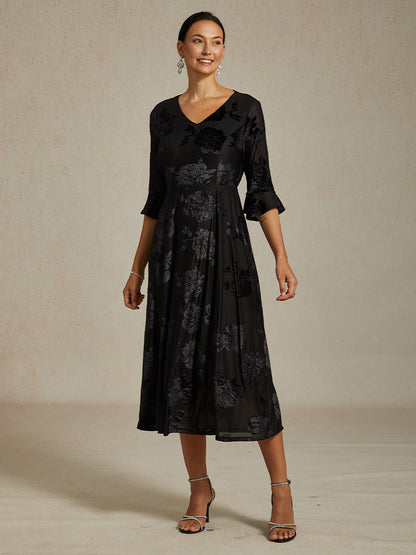 Floral Velvet A-Line Dress with Flutter Sleeves
