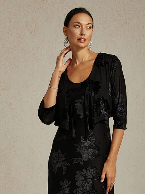 Bolero aus Stretch-Samt mit Blumenmuster und 3/4-Ärmeln