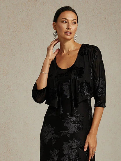 Bolero aus Stretch-Samt mit Blumenmuster und 3/4-Ärmeln