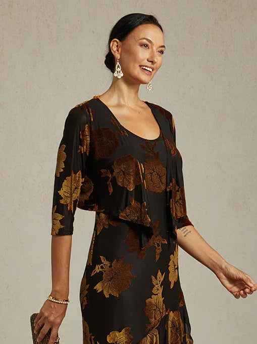 Bolero aus Stretch-Samt mit Blumenmuster und 3/4-Ärmeln