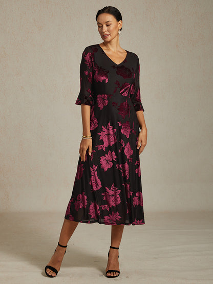 Floral Velvet A-Line Dress with Flutter Sleeves