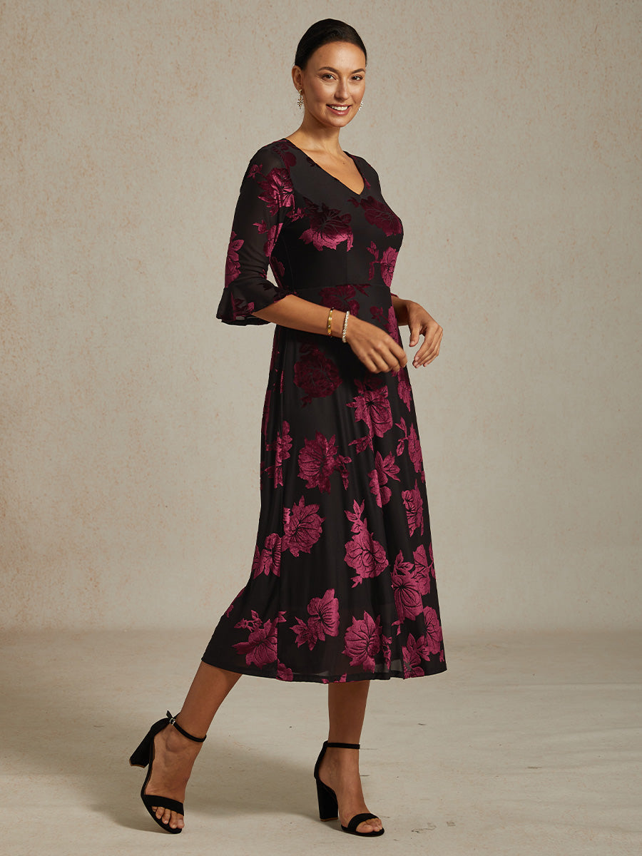 Floral Velvet A-Line Dress with Flutter Sleeves