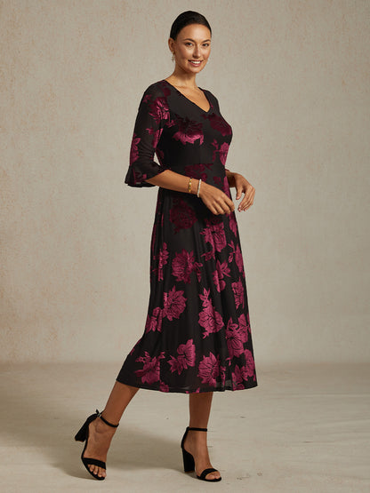 Floral Velvet A-Line Dress with Flutter Sleeves