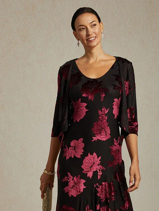 Bolero aus Stretch-Samt mit Blumenmuster und 3/4-Ärmeln