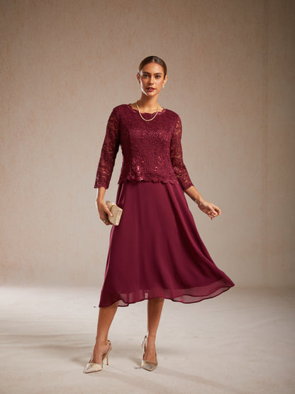 Elegant Lace and Chiffon Tea-Length Dress