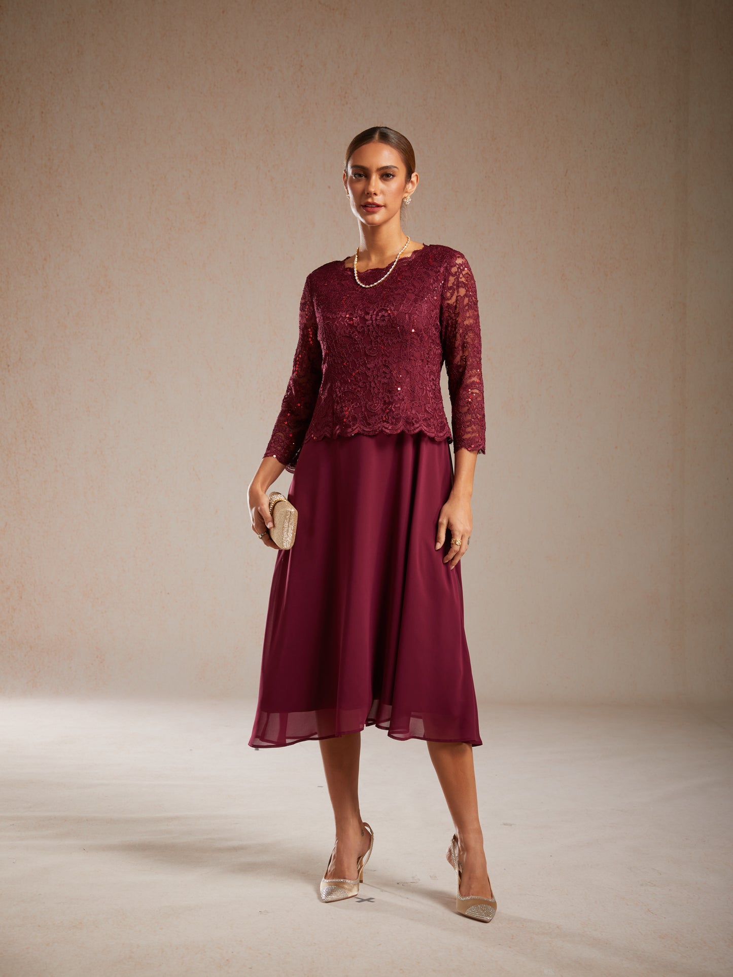 Elegant Lace and Chiffon Tea-Length Dress