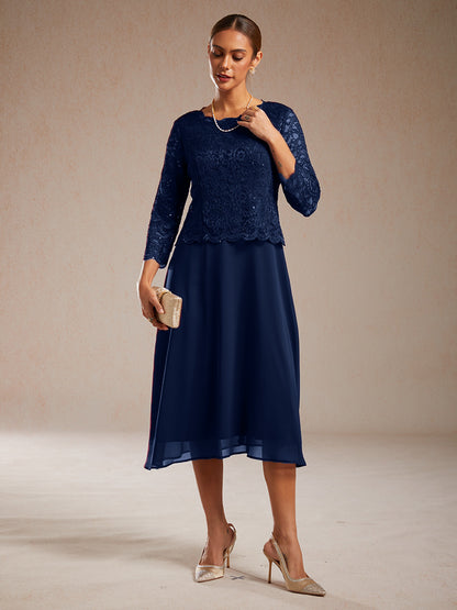 Elegant Lace and Chiffon Tea-Length Dress