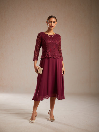 Elegant Lace and Chiffon Tea-Length Dress