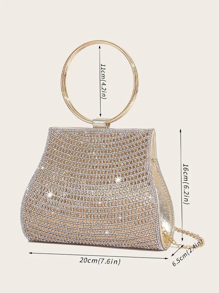 Pochette en cristal avec poignée en anneau doré, sac élégant