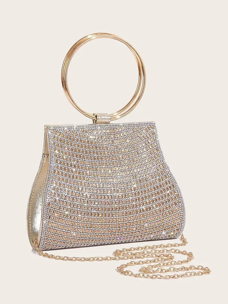 Pochette en cristal avec poignée en anneau doré, sac élégant