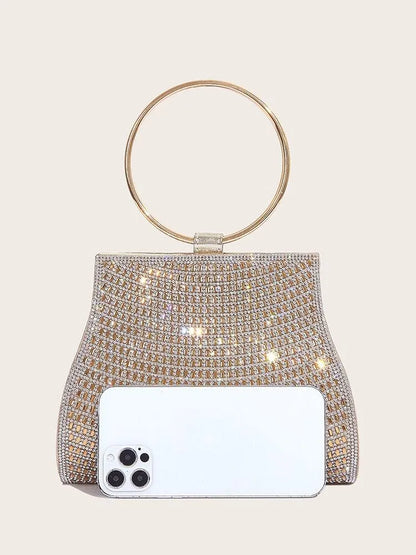 Pochette en cristal avec poignée en anneau doré, sac élégant