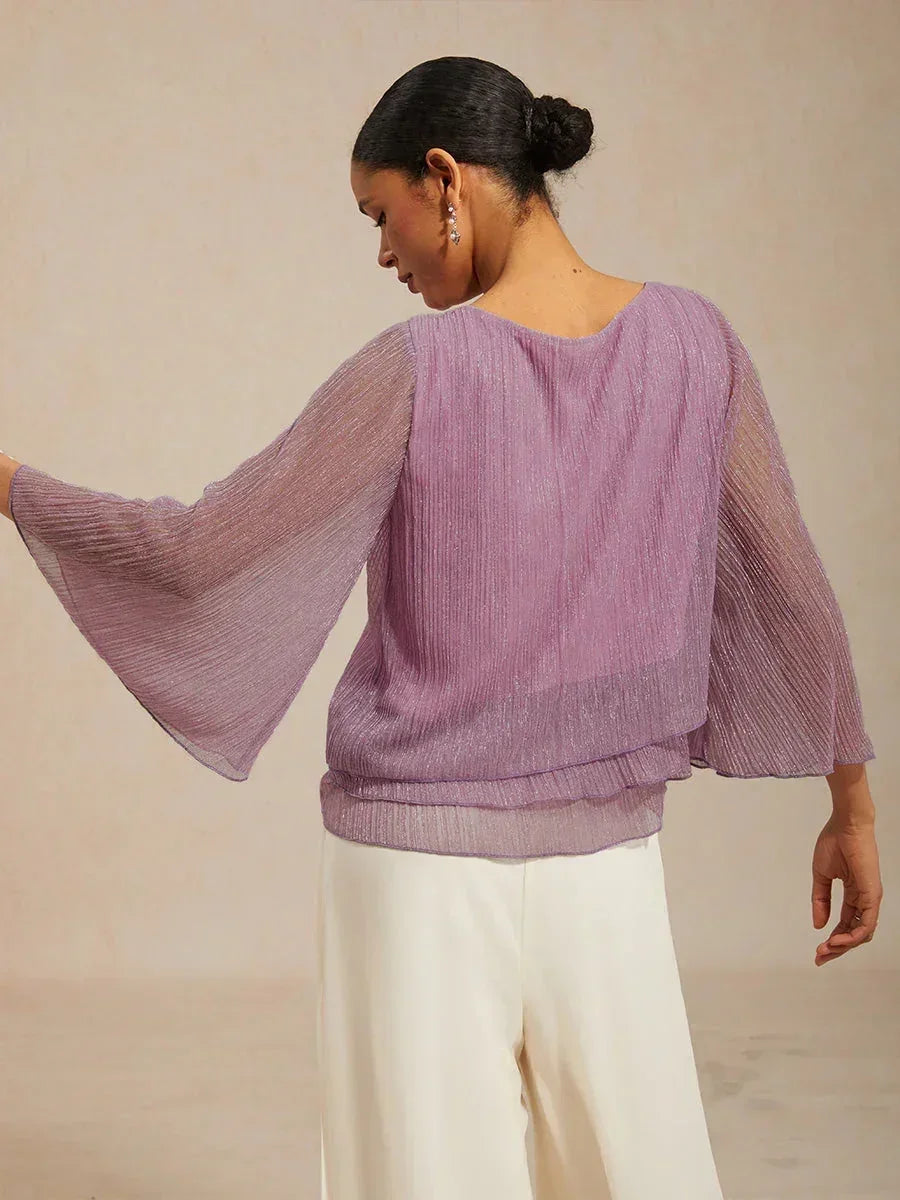 Metallic Pleated Chiffon Asymmetrical Layered Blouse