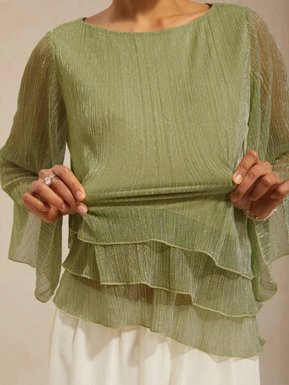 Metallic Pleated Chiffon Asymmetrical Layered Blouse